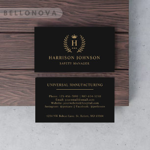 Custom Initial & Name Black And Gold Monogrammed  Business Card