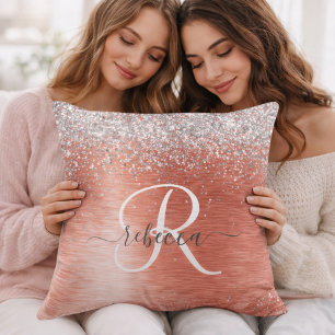 Custom Initial & Name Coral Glitter Cushion