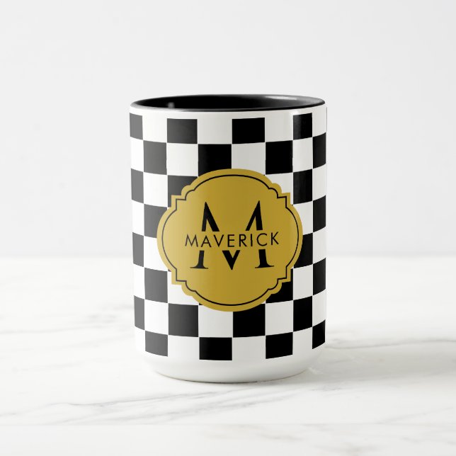Custom Initial Name Elegant Grid Pattern Coffee Mug (Center)