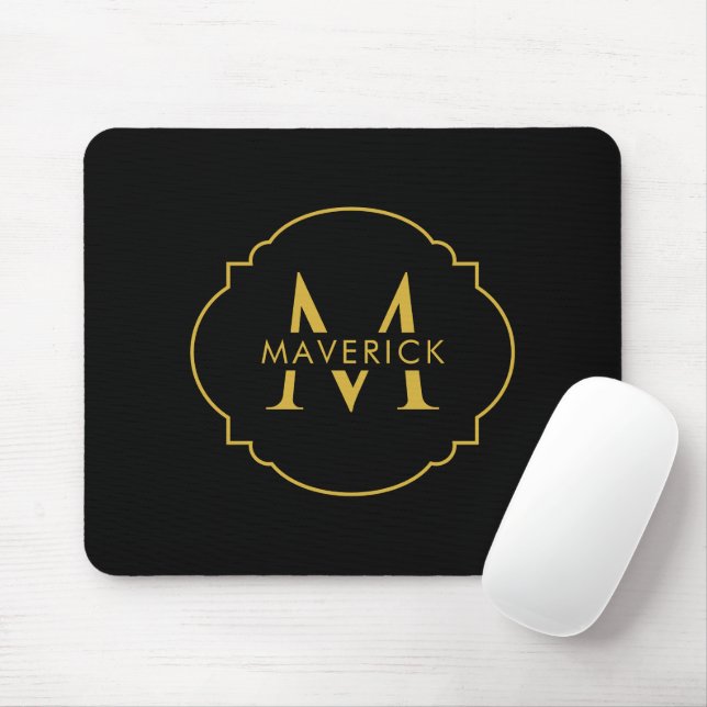 Custom Initial Name Elegant Modern Black Mouse Mat (With Mouse)