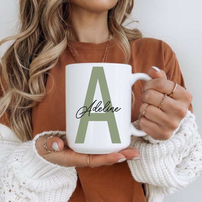 Custom Initial Name Green Mug Gift for Mum & Kids (Personalized Green Eyes Mug Christmas Gift for Mom, Custom Monogram Mug Anniversary Gift for Wife)