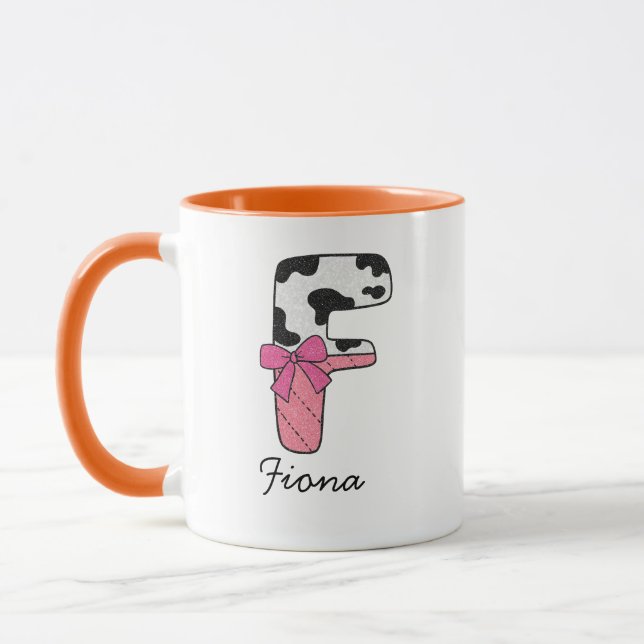 Custom Initial Name Mug | Pink Cow Letter  F (Left)