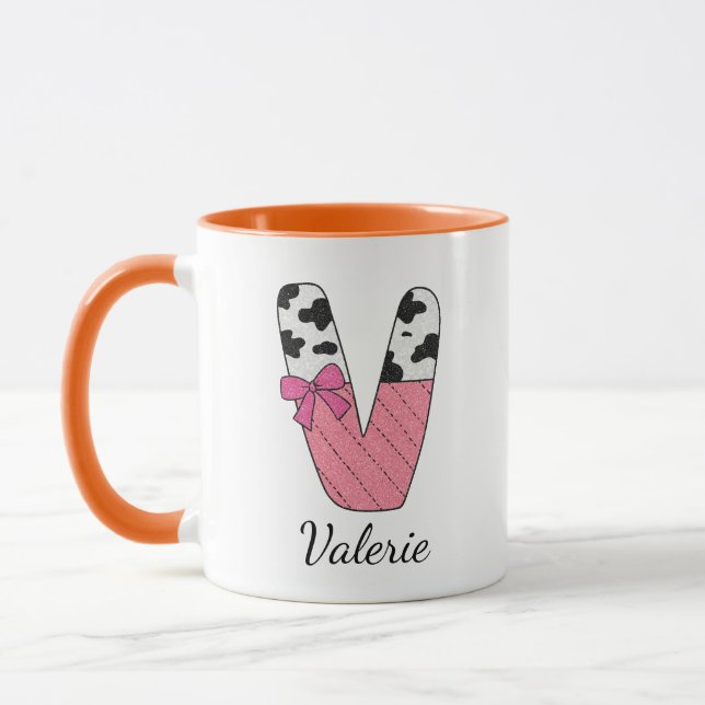 Custom Initial Name Mug | Pink Cow Letter  V (Left)