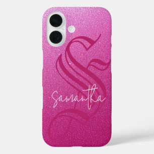 Custom Initial & Name Pink Glitter iPhone 16 Case