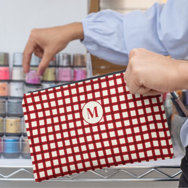 Custom Initial Name Red Gingham Girly Feminine Accessory Pouch (Creator Uploaded)