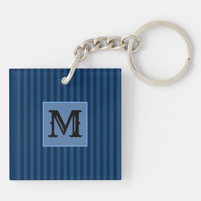 Custom Initial, Navy Blue Stripes Acrylic Keychain (Back)