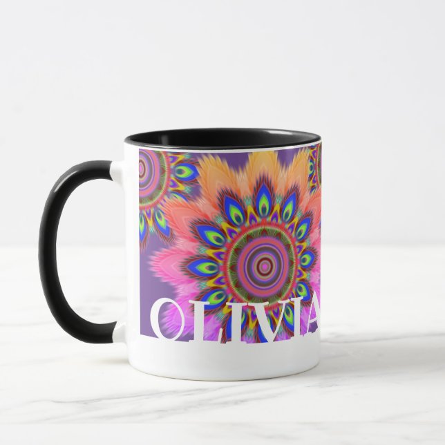 Custom initial PEACOCK coffee mug Mandala pattern (Left)