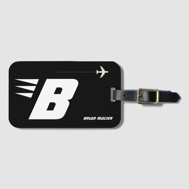 custom initial, personalised monogram black luggage tag (Front Horizontal)