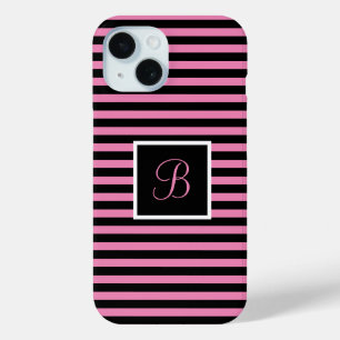 Custom Initial Pink and Black Striped iPhone 15 Case