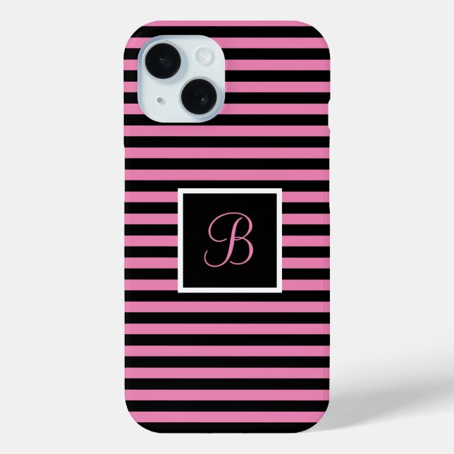 Custom Initial Pink and Black Striped Case-Mate iPhone Case (Back)