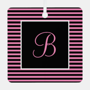 Custom Initial Pink and Black Striped Metal Tree Decoration