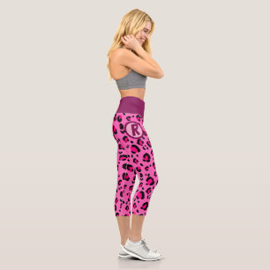 Custom Initial Pink Leopard Print Capri Leggings