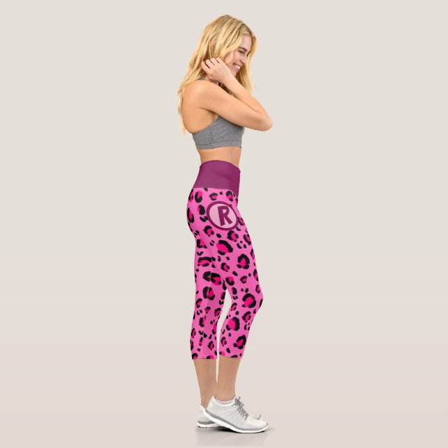 Custom Initial Pink Leopard Print Capri Leggings (Right)