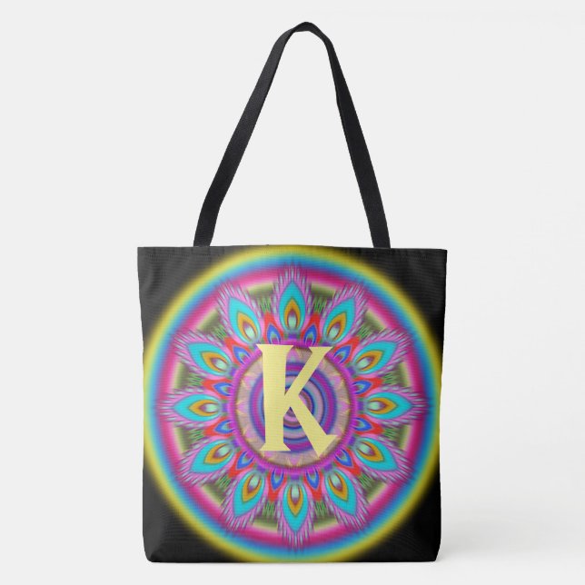 Custom initial psychedelic Large Tote BLACK 2 (Front)