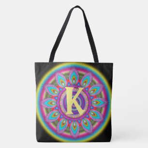 Custom initial psychedelic Large Tote BLACK 2 Bag