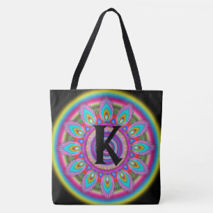 Custom initial psychedelic Large Tote BLACK 2 Bag