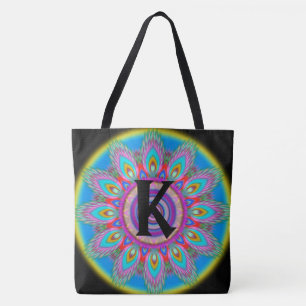 Custom initial psychedelic Large Tote BLACK Bag