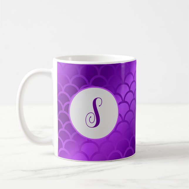 Custom initial purple mermaid scales pattern coffee mug (Left)