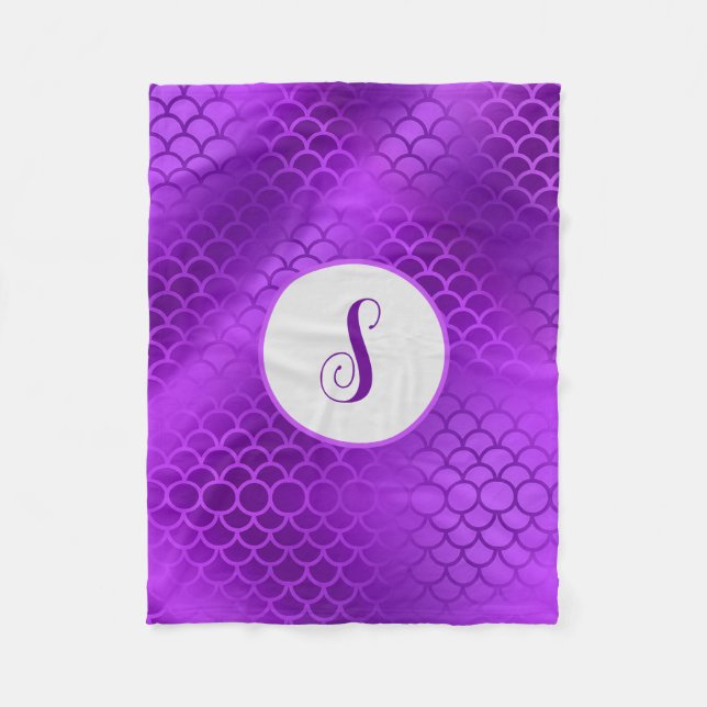 Custom initial purple mermaid scales pattern fleece blanket (Front)