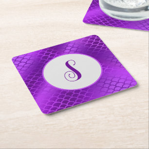 Custom initial purple mermaid scales pattern square paper coaster