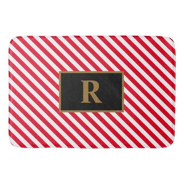 Custom Initial Red/White Stripes Bath Mat (Front)