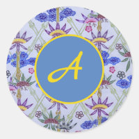 CUSTOM INITIAL ROUND STICKER WITH BLUE FLOWERS