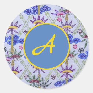 CUSTOM INITIAL ROUND STICKER WITH BLUE FLOWERS
