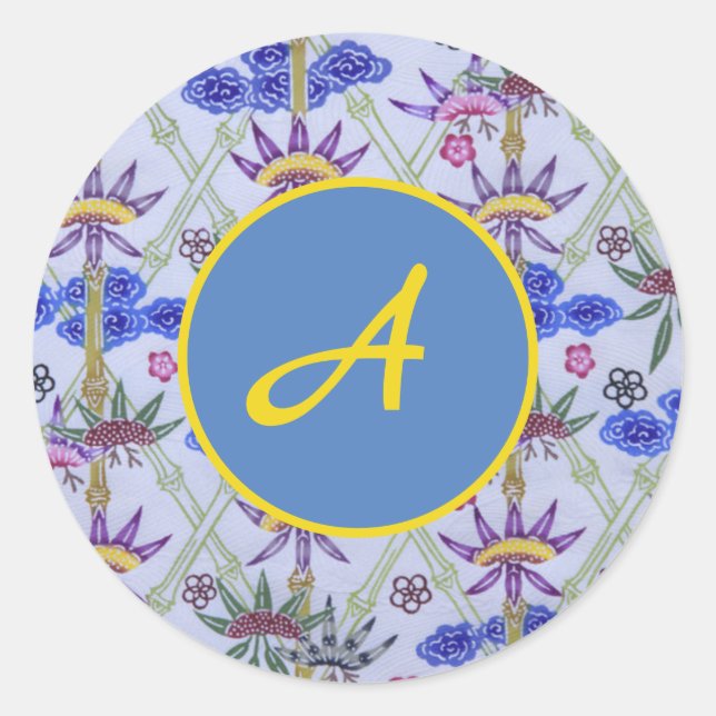 CUSTOM INITIAL ROUND STICKER WITH BLUE FLOWERS (Front)
