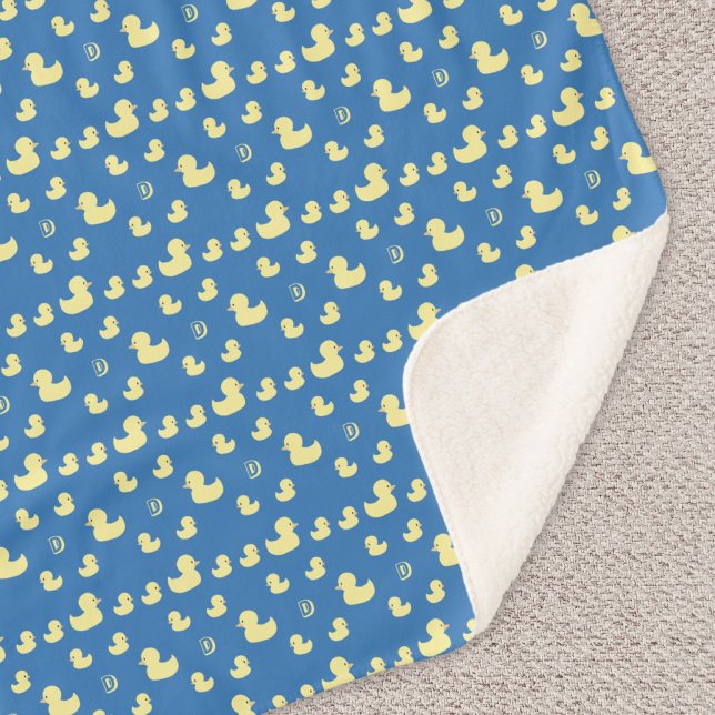 Custom Initial Rubber Duck Pattern Blue Baby Kid Sherpa Blanket (Creator Uploaded)