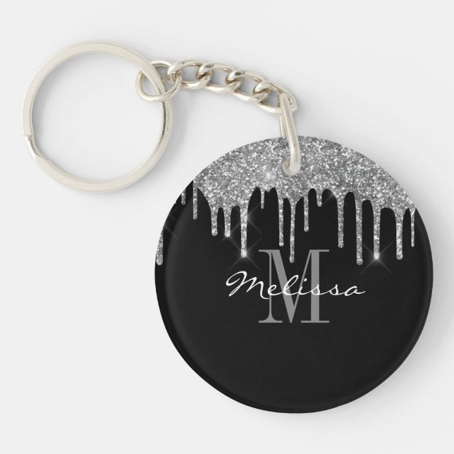 Custom Initial Script Glitter Drip Silver Key Ring (Front)