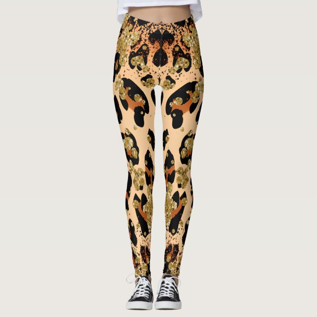 Custom Initial Stylish Gold Leopard High Waisted Leggings (Front)
