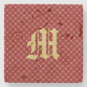 Custom Initial Tudor Red and Gold Pattern Stone Coaster