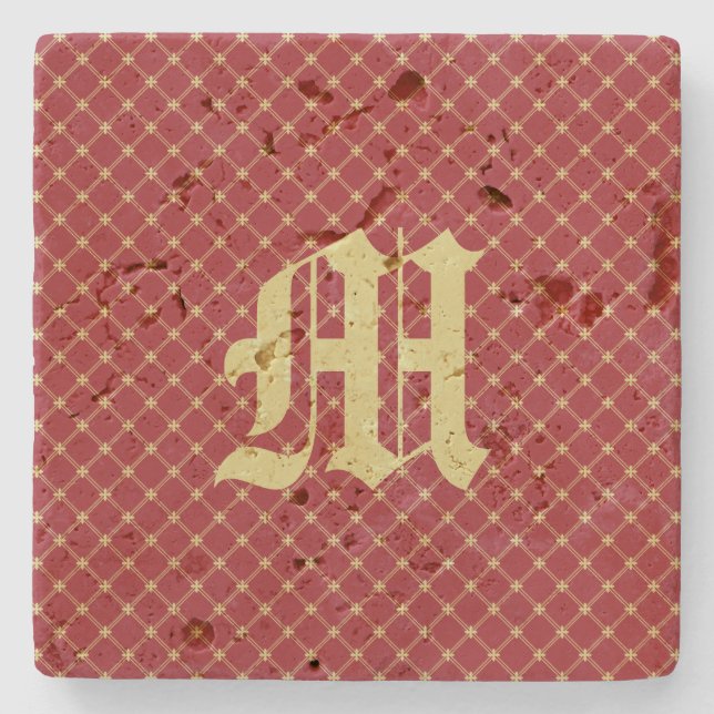 Custom Initial Tudor Red and Gold Pattern Stone Coaster (Front)