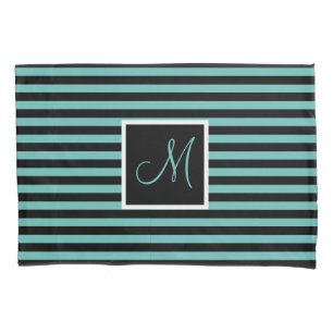 Custom Initial Turquoise and Black Striped Pillowcase