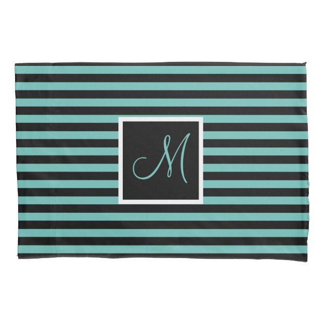 Custom Initial Turquoise and Black Striped Pillowcase (Front)