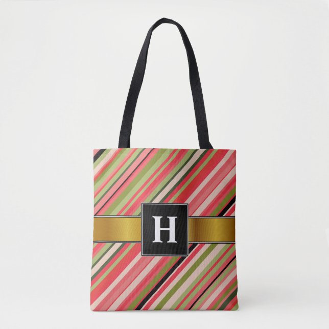 Custom Initial + Watermelon-Inspired Stripes Tote Bag (Front)