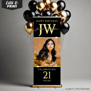 Custom Initials 21st Birthday Banner Black Gold 