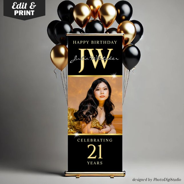 Custom Initials 21st Birthday Banner Black Gold  (Custom Initials 21st Birthday Banner, Elegant Black Gold Retractable Banner with Monogram)