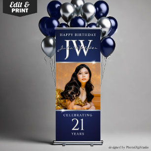 Custom Initials 21st Birthday Decor Blue Silver Retractable Banner