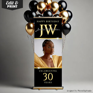 Custom Initials 30th Birthday Banner Black Gold 