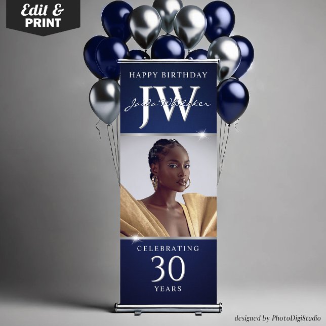 Custom Initials 30th Birthday Banner Blue Silver (Custom Initials 30th Birthday Banner Blue Silver)