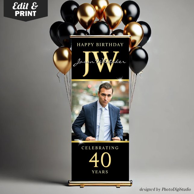 Custom Initials 40th Birthday Banner Black Gold  (Custom Initials 40th Birthday Banner, Elegant Black Gold Retractable Banner with Monogram)