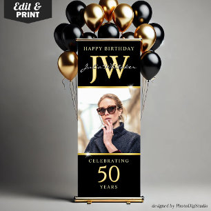 Custom Initials 50th Birthday Banner Black Gold 
