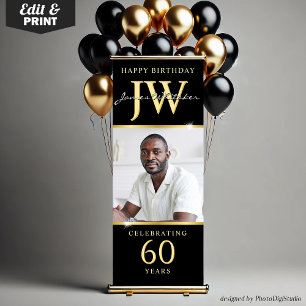 Custom Initials 60th Birthday Banner Black Gold 
