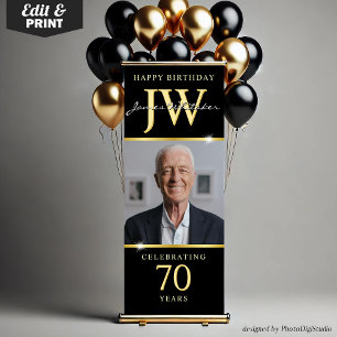 Custom Initials 70th Birthday Banner Black Gold 