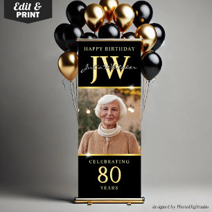 Custom Initials 80th Birthday Banner Black Gold 