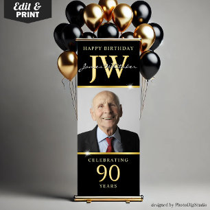 Custom Initials 90th Birthday Banner Black Gold 