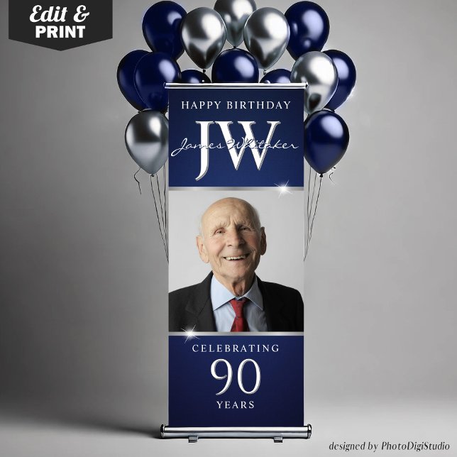 Custom Initials 90th Birthday Silver and Blue  Retractable Banner (Custom Initials 90th Birthday Silver and Blue Retractable Banner)