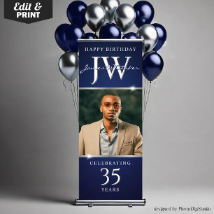 Custom Initials Any Age Birthday Decor Blue Silver Retractable Banner