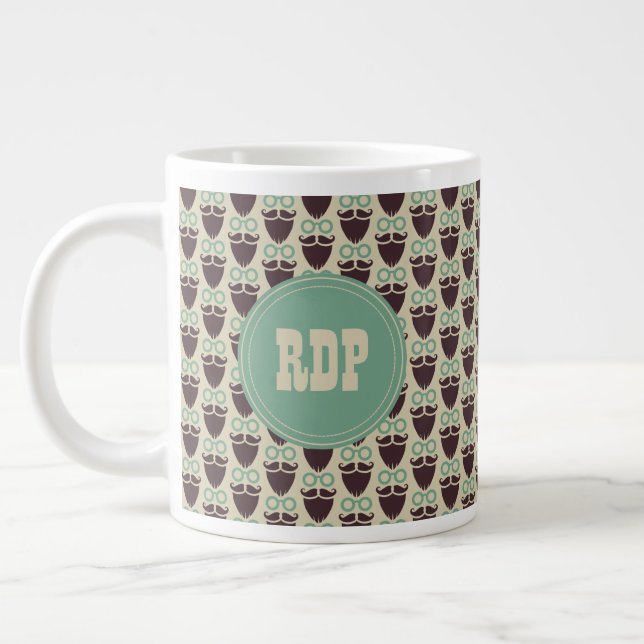 Custom Initials Beards & Eyeglasses Hipster Large Coffee Mug (Left)